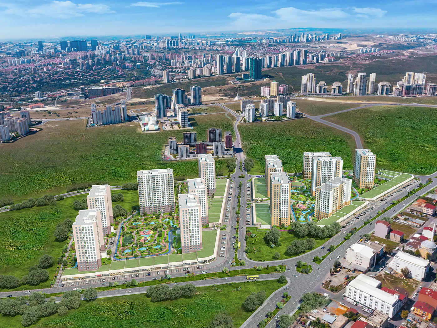 Yerleşkenin bölgedeki konumunu gösteren geniş açılı hava görünümü