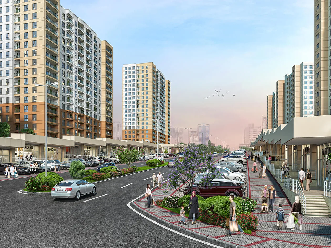 Cadde katındaki mağazalar ve gündüz cephe görünümü
