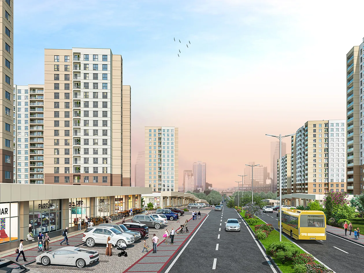 Bizim Evler 11 yerleşkesinin cadde katındaki mağazalar ve konut kuleleri